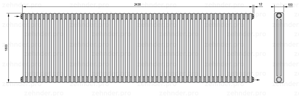 Схема (чертеж) Радиатор Zehnder Charleston 3180/53 №1670 Белый глянцевый RAL 9016